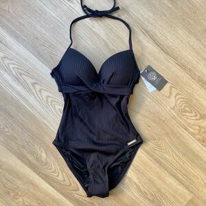 Vince Camuto NWT Black Wrap Front One Piece Swimsuit Halter Ripple Effect